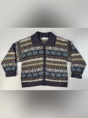 Barbra Sue Full Zipup Knit Polo-Style Collar Fair Isle Geometric Pattern Sweater